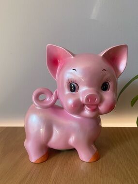 Vintage MCM Iridescent Pink Ceramic Anthropomorphic Piggy Coin Bank